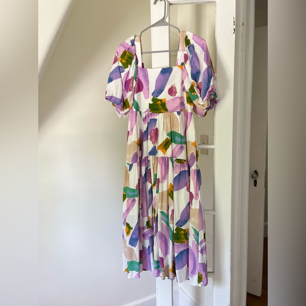 Entro A-line Watercolor Abstract Print Dress with Puffy Sleeves and Smocked Back